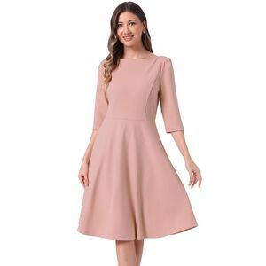 Wear to Work Boat Neck Short Sleeves Midi Flared Office Dresses Pink
